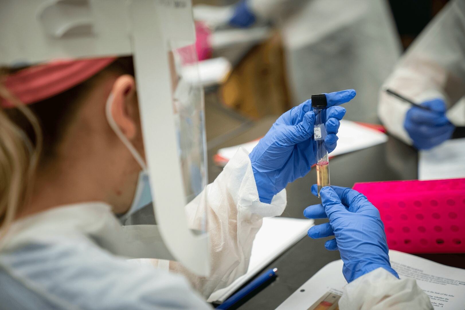 Looking over a student holding a test tube.